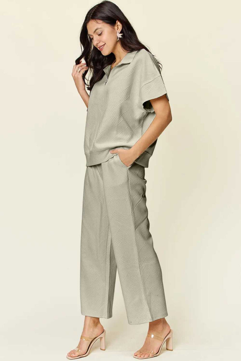 Double Take Full Size Texture Half Zip Short Sleeve Top and Pants Set - Hopeford Streams