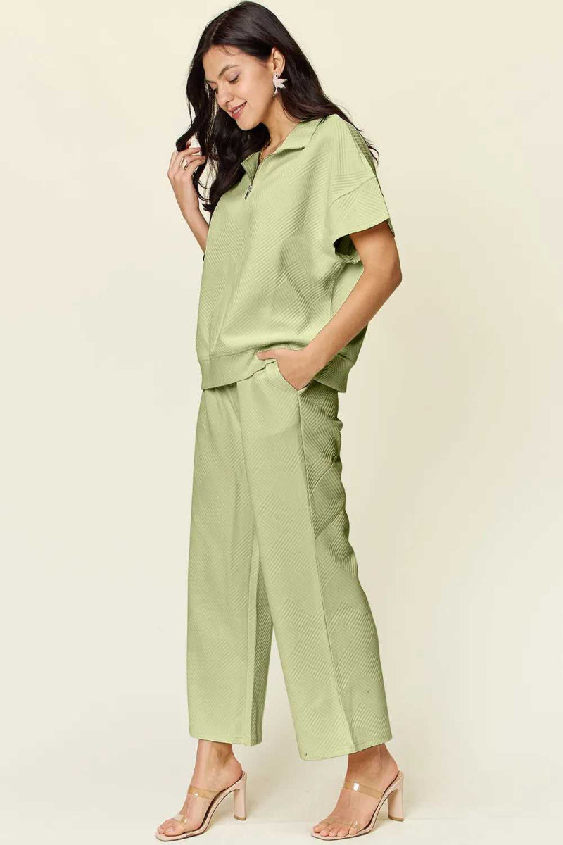 Double Take Full Size Texture Half Zip Short Sleeve Top and Pants Set - Hopeford Streams