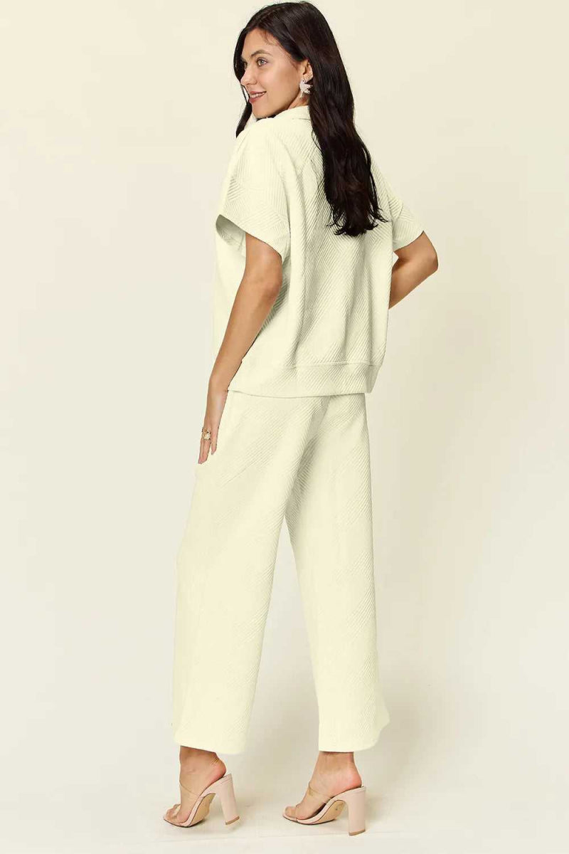 Double Take Full Size Texture Half Zip Short Sleeve Top and Pants Set - Hopeford Streams