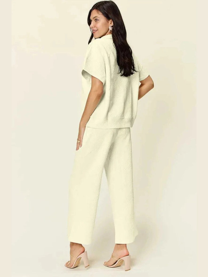 Double Take Full Size Texture Half Zip Short Sleeve Top and Pants Set -- 