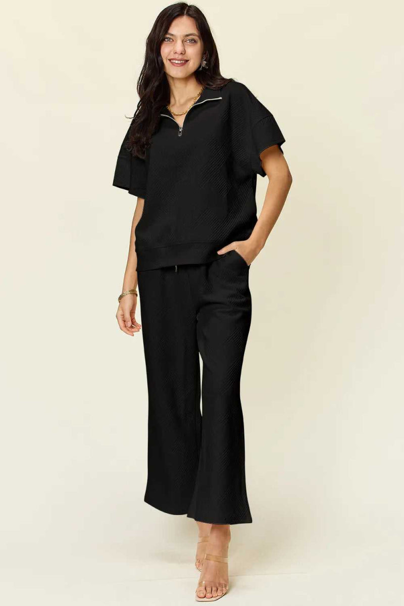 Double Take Full Size Texture Half Zip Short Sleeve Top and Pants Set - Hopeford Streams