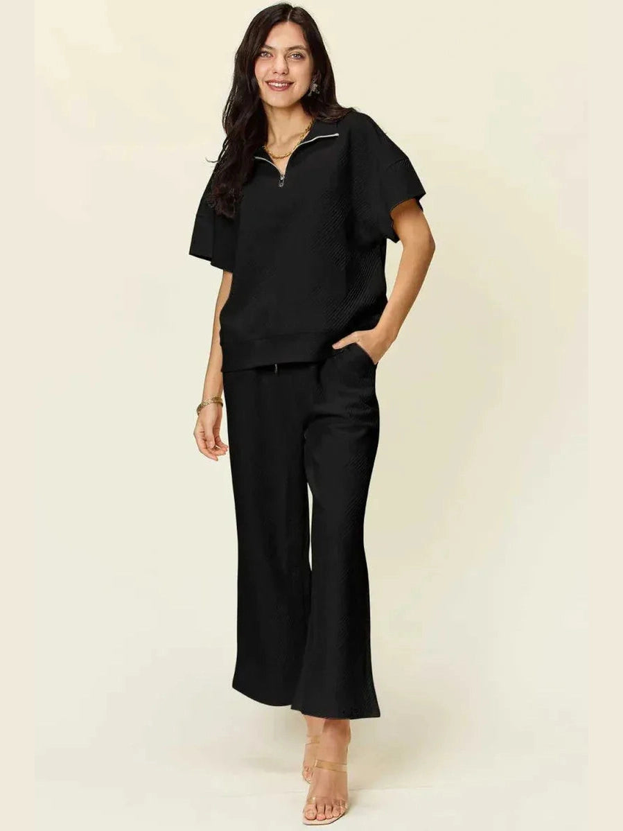 Double Take Full Size Texture Half Zip Short Sleeve Top and Pants Set -- 