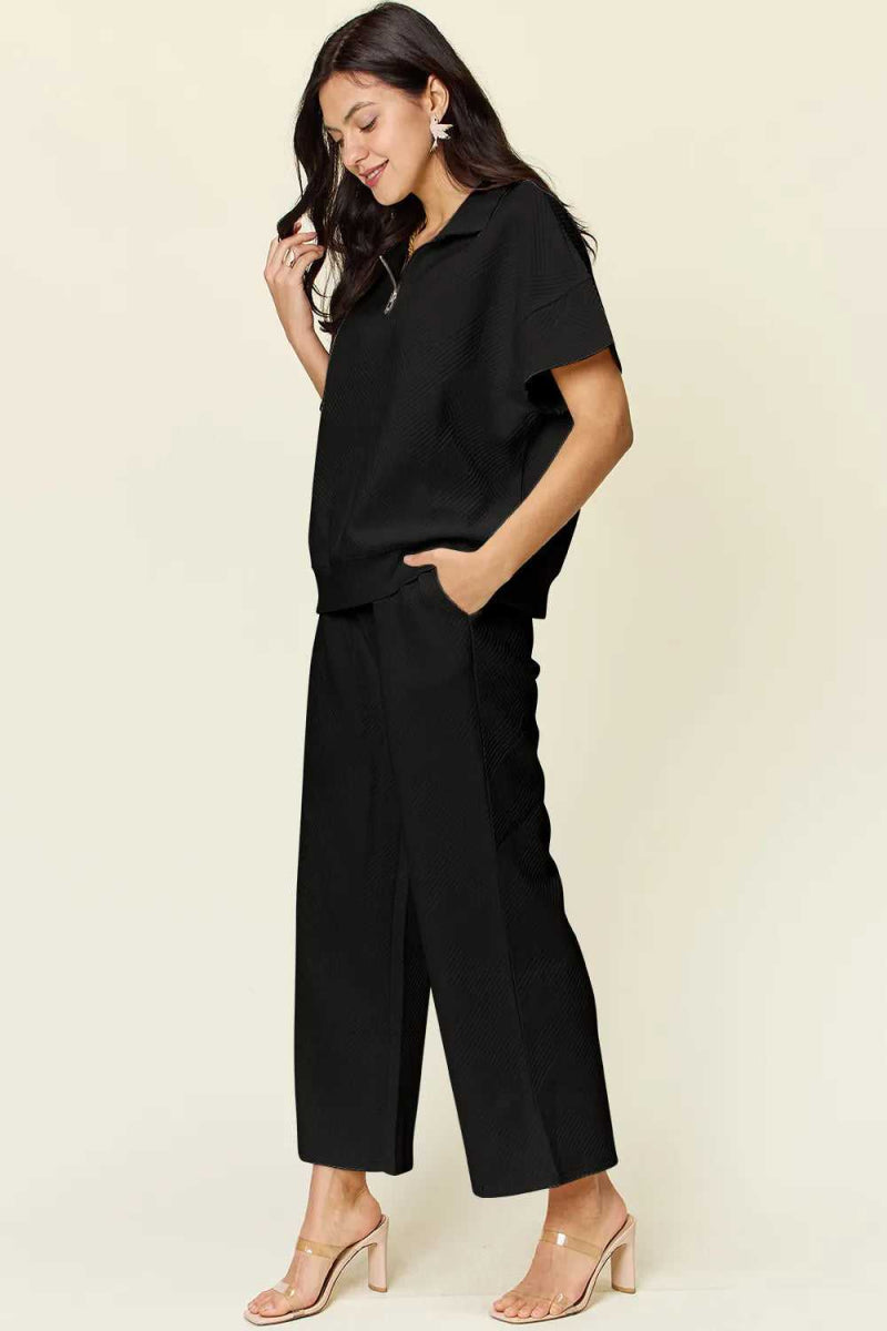 Double Take Full Size Texture Half Zip Short Sleeve Top and Pants Set - Hopeford Streams
