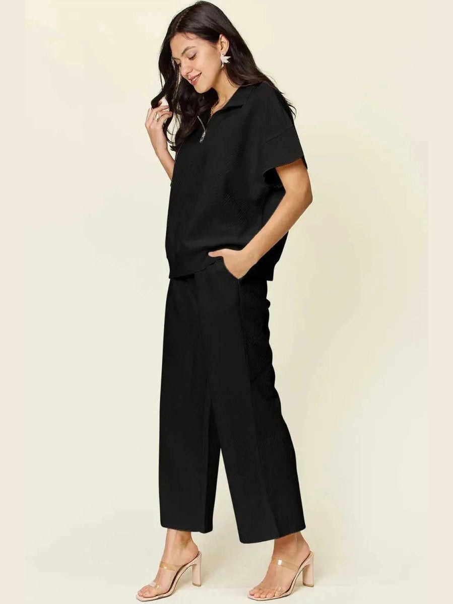 Double Take Full Size Texture Half Zip Short Sleeve Top and Pants Set -- 