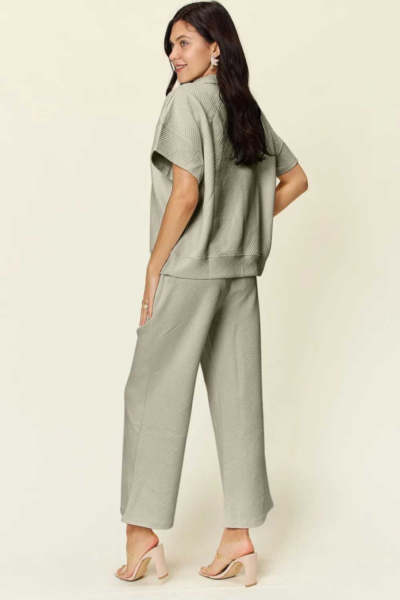 Double Take Full Size Texture Half Zip Short Sleeve Top and Pants Set - Hopeford Streams