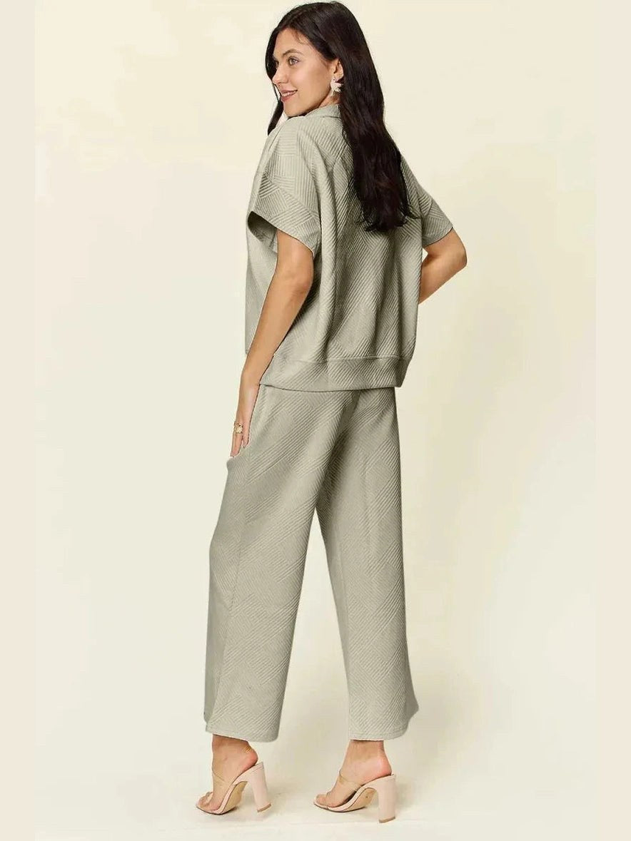 Double Take Full Size Texture Half Zip Short Sleeve Top and Pants Set -- 