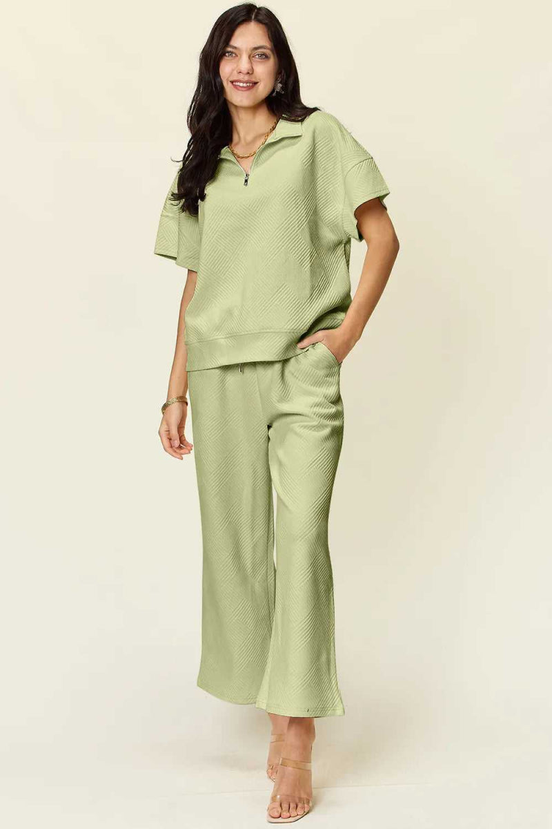 Double Take Full Size Texture Half Zip Short Sleeve Top and Pants Set - Hopeford Streams