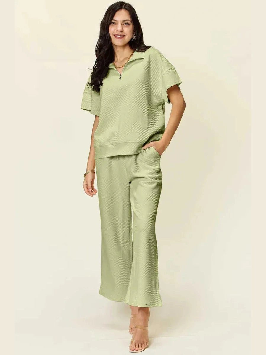 Double Take Full Size Texture Half Zip Short Sleeve Top and Pants Set -- 