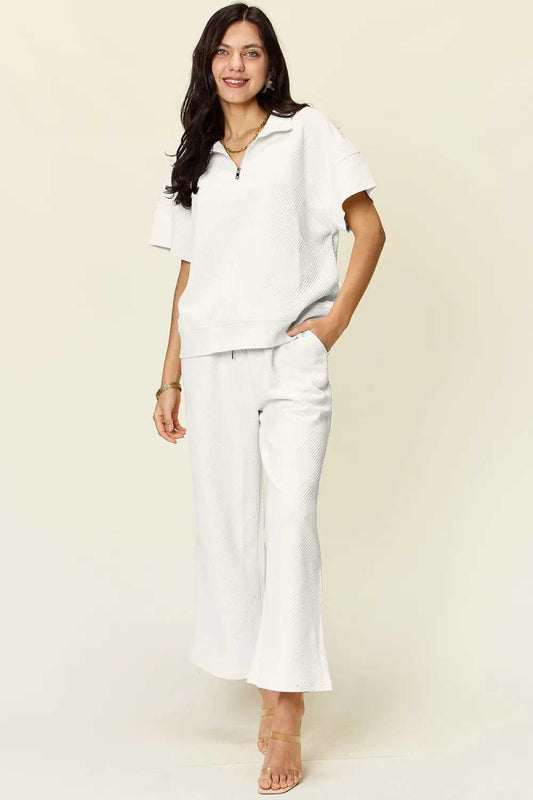Double Take Full Size Texture Half Zip Short Sleeve Top and Pants Set - Hopeford Streams