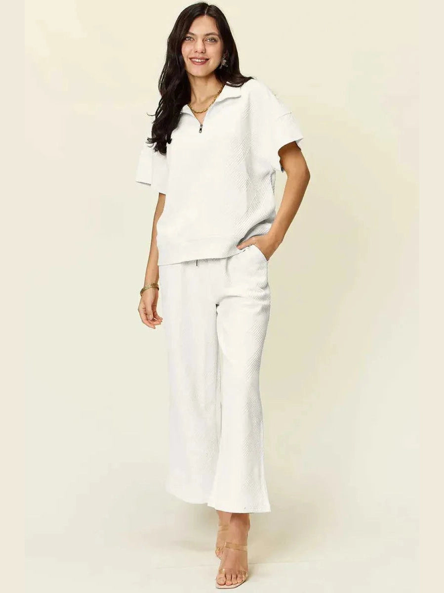 Double Take Full Size Texture Half Zip Short Sleeve Top and Pants Set -- 