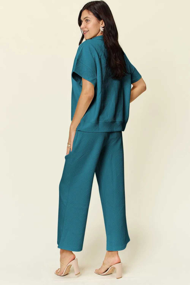 Double Take Full Size Texture Half Zip Short Sleeve Top and Pants Set - Hopeford Streams