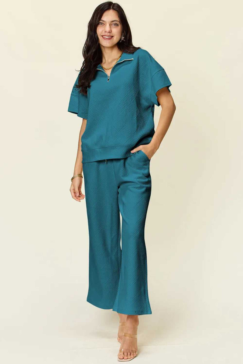 Double Take Full Size Texture Half Zip Short Sleeve Top and Pants Set - Hopeford Streams