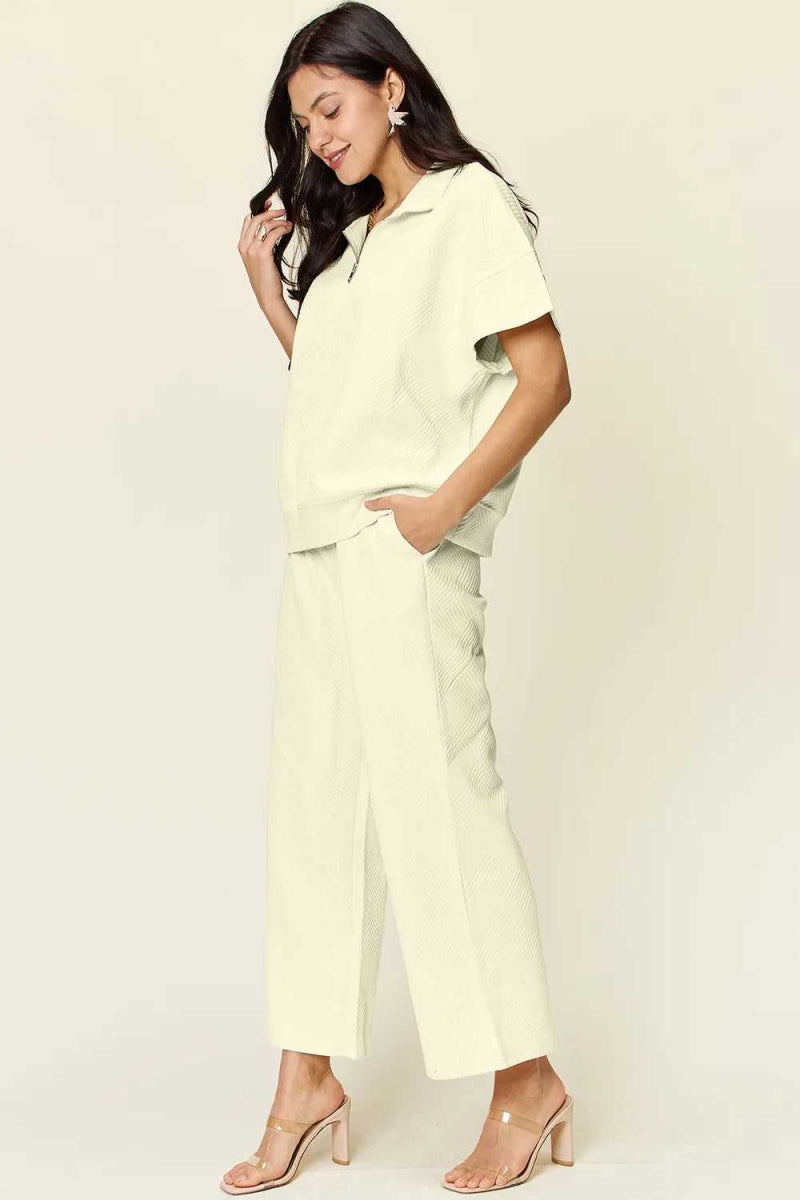 Double Take Full Size Texture Half Zip Short Sleeve Top and Pants Set - Hopeford Streams
