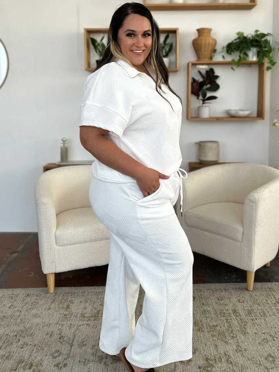 Double Take Full Size Texture Half Zip Short Sleeve Top and Pants Set - Hopeford Streams