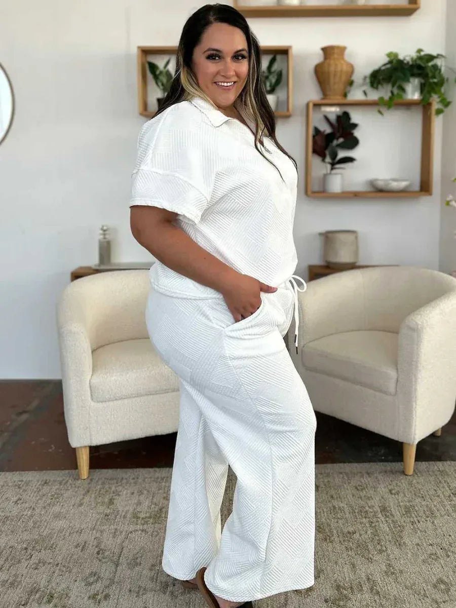 Double Take Full Size Texture Half Zip Short Sleeve Top and Pants Set -- 