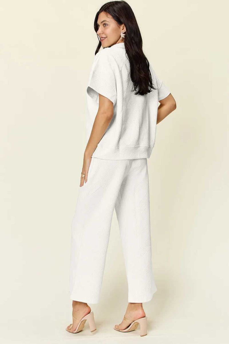 Double Take Full Size Texture Half Zip Short Sleeve Top and Pants Set - Hopeford Streams