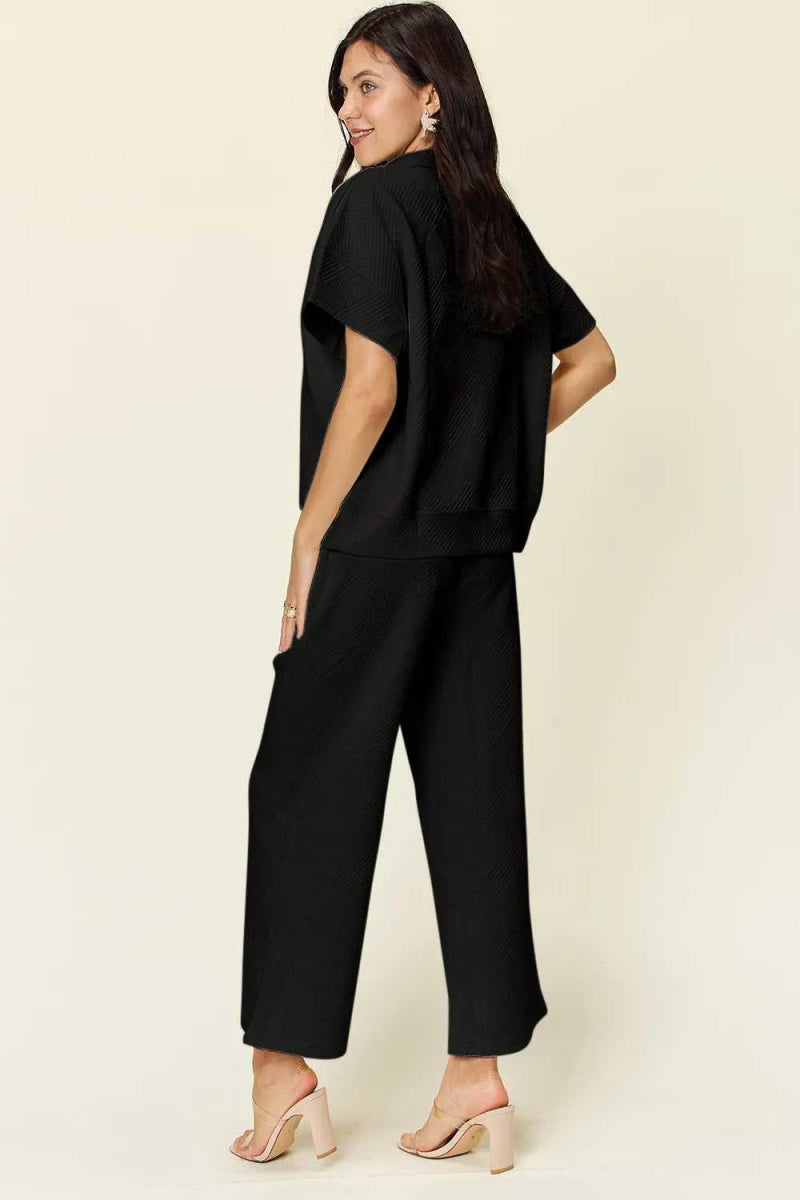Double Take Full Size Texture Half Zip Short Sleeve Top and Pants Set - Hopeford Streams