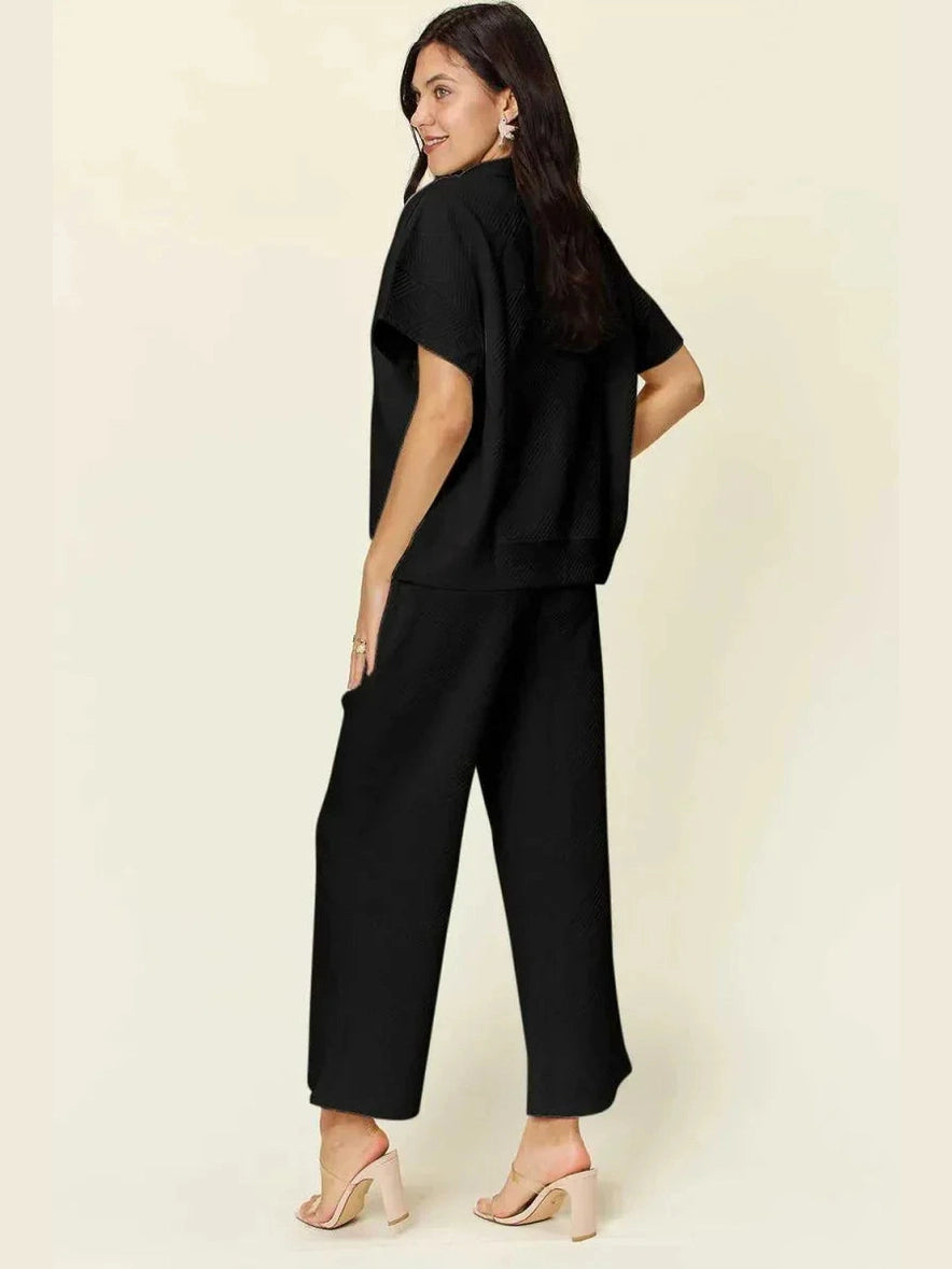 Double Take Full Size Texture Half Zip Short Sleeve Top and Pants Set -- 
