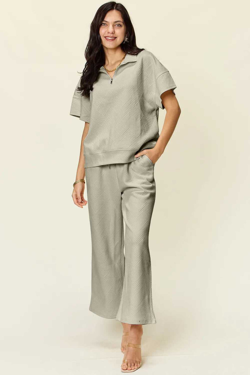 Double Take Full Size Texture Half Zip Short Sleeve Top and Pants Set - Hopeford Streams