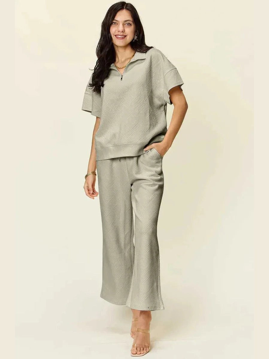 Double Take Full Size Texture Half Zip Short Sleeve Top and Pants Set -- 