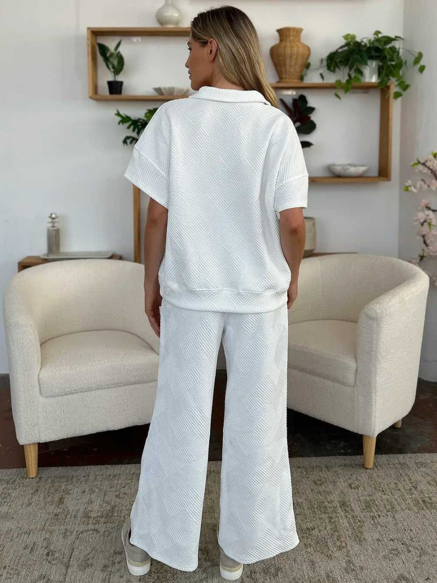 Double Take Full Size Texture Half Zip Short Sleeve Top and Pants Set - Hopeford Streams