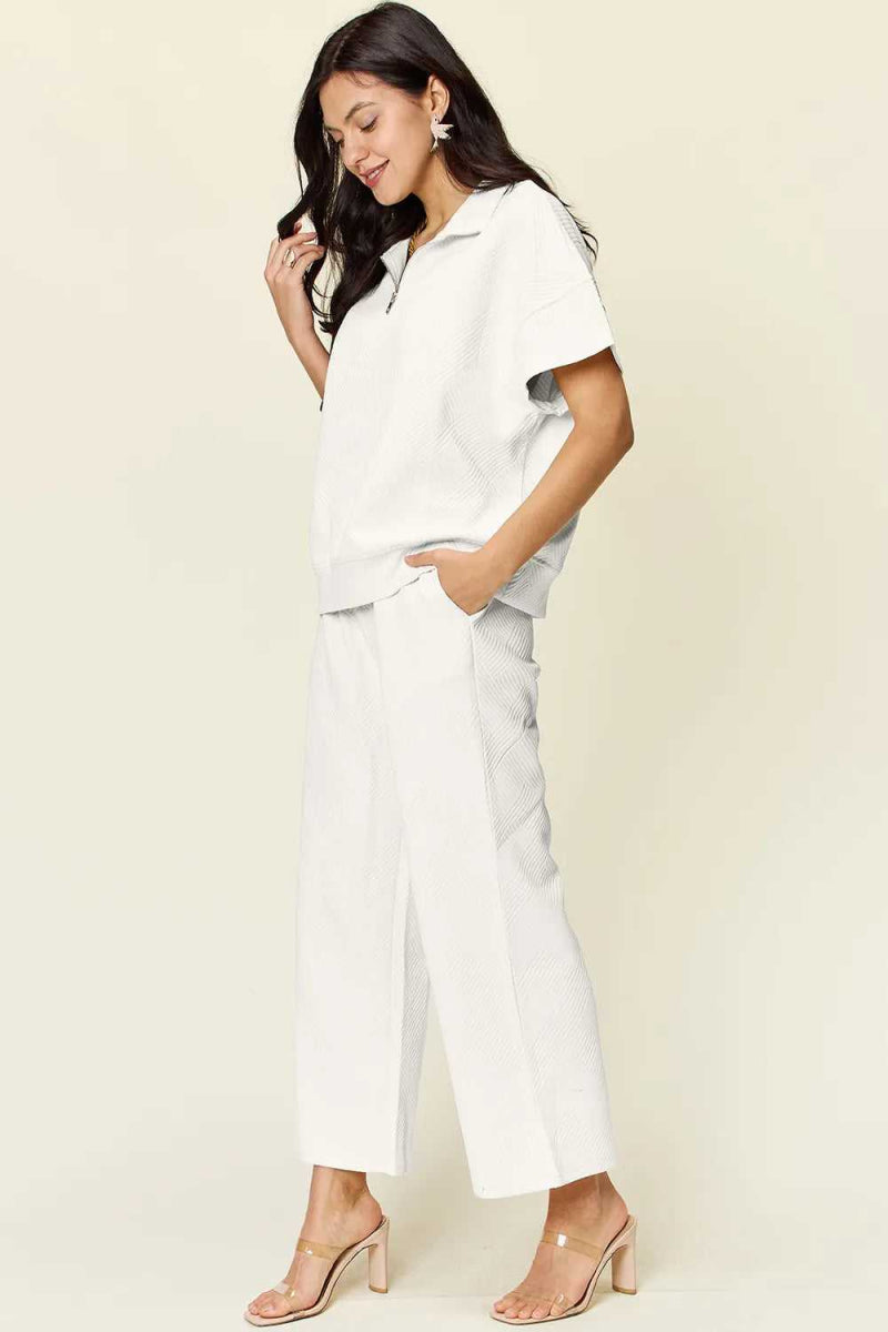 Double Take Full Size Texture Half Zip Short Sleeve Top and Pants Set - Hopeford Streams