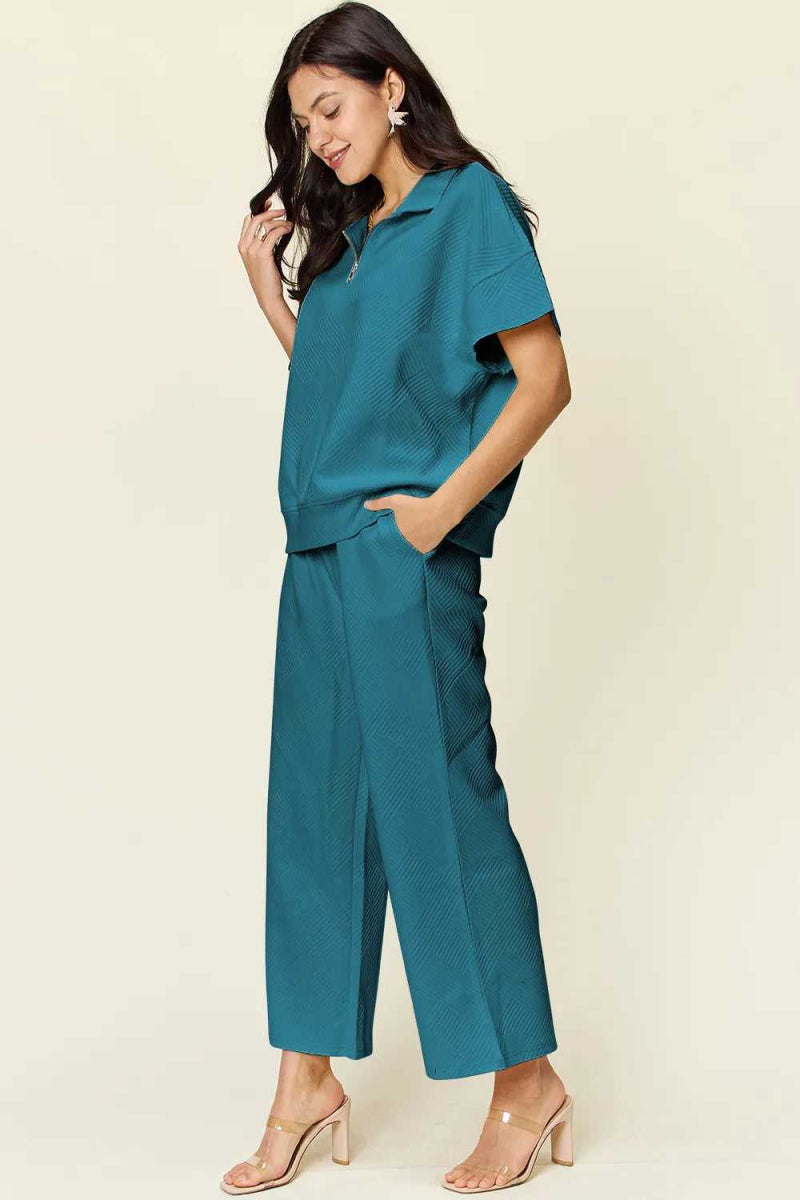 Double Take Full Size Texture Half Zip Short Sleeve Top and Pants Set - Hopeford Streams