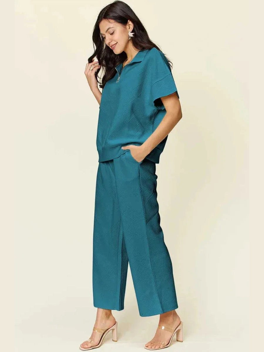 Double Take Full Size Texture Half Zip Short Sleeve Top and Pants Set -- 