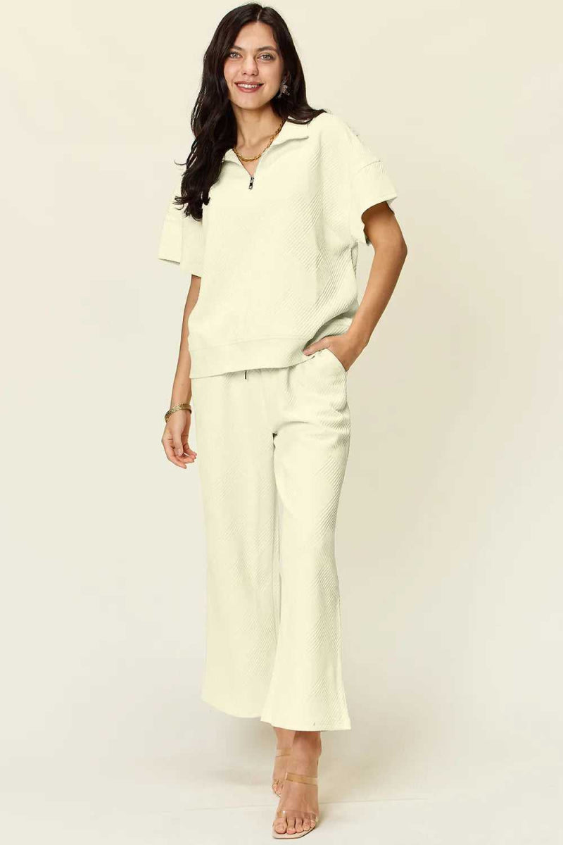 Double Take Full Size Texture Half Zip Short Sleeve Top and Pants Set - Hopeford Streams