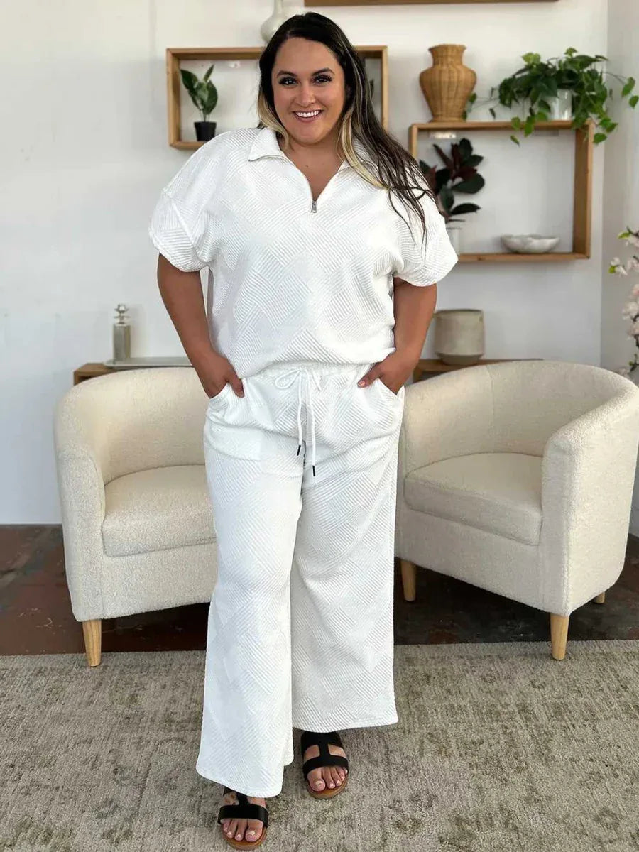 Double Take Full Size Texture Half Zip Short Sleeve Top and Pants Set -- 