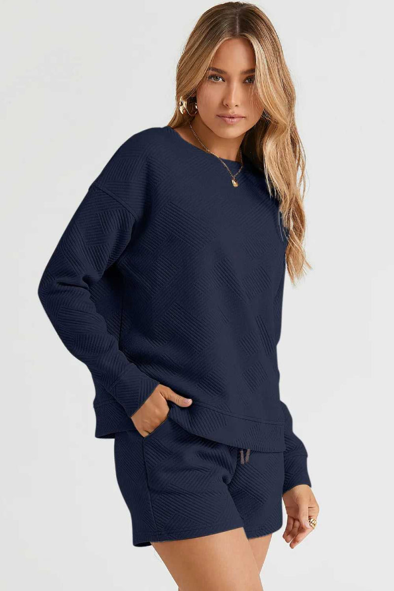 Double Take Full Size Texture Long Sleeve Top and Drawstring Shorts Set - Hopeford Streams