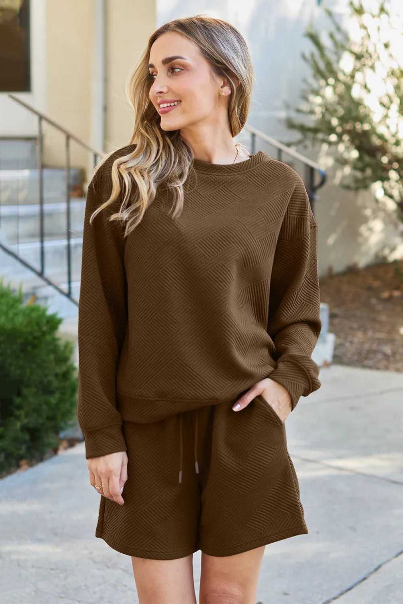 Double Take Full Size Texture Long Sleeve Top and Drawstring Shorts Set - Hopeford Streams