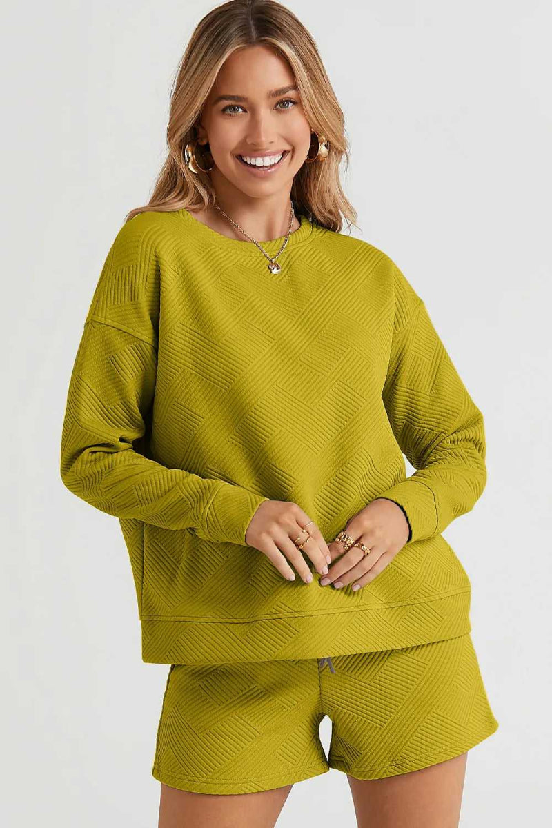 Double Take Full Size Texture Long Sleeve Top and Drawstring Shorts Set - Hopeford Streams