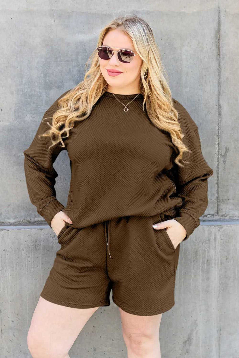 Double Take Full Size Texture Long Sleeve Top and Drawstring Shorts Set - Hopeford Streams