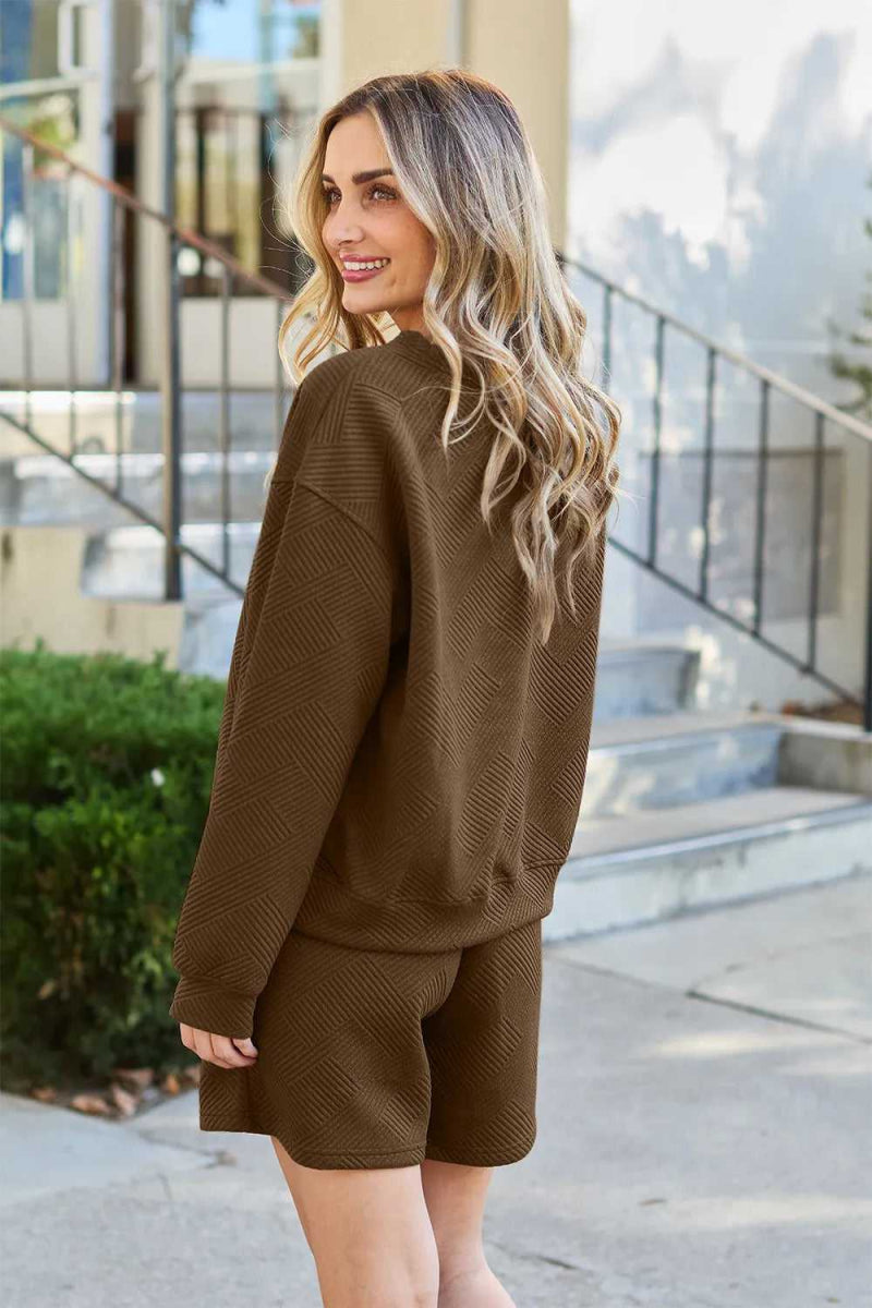 Double Take Full Size Texture Long Sleeve Top and Drawstring Shorts Set - Hopeford Streams