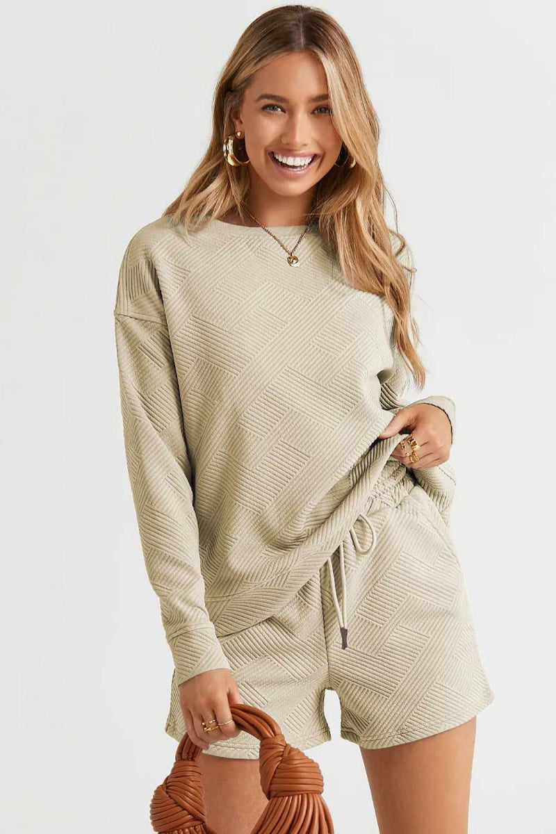 Double Take Full Size Texture Long Sleeve Top and Drawstring Shorts Set - Hopeford Streams