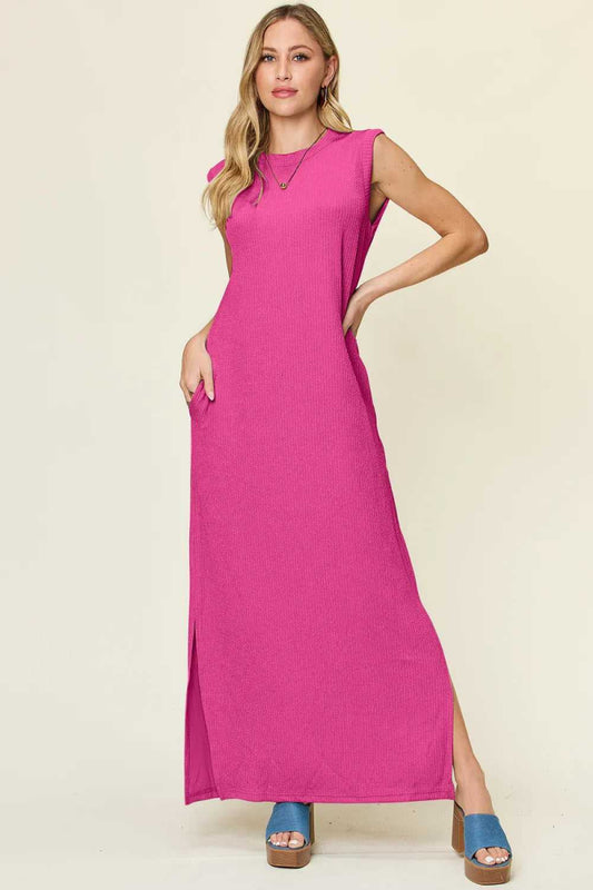 Double Take Full Size Texture Mock Neck Sleeveless Maxi Dress - Hopeford Streams
