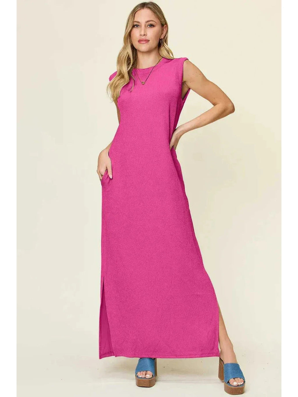 Double Take Full Size Texture Mock Neck Sleeveless Maxi Dress -- 