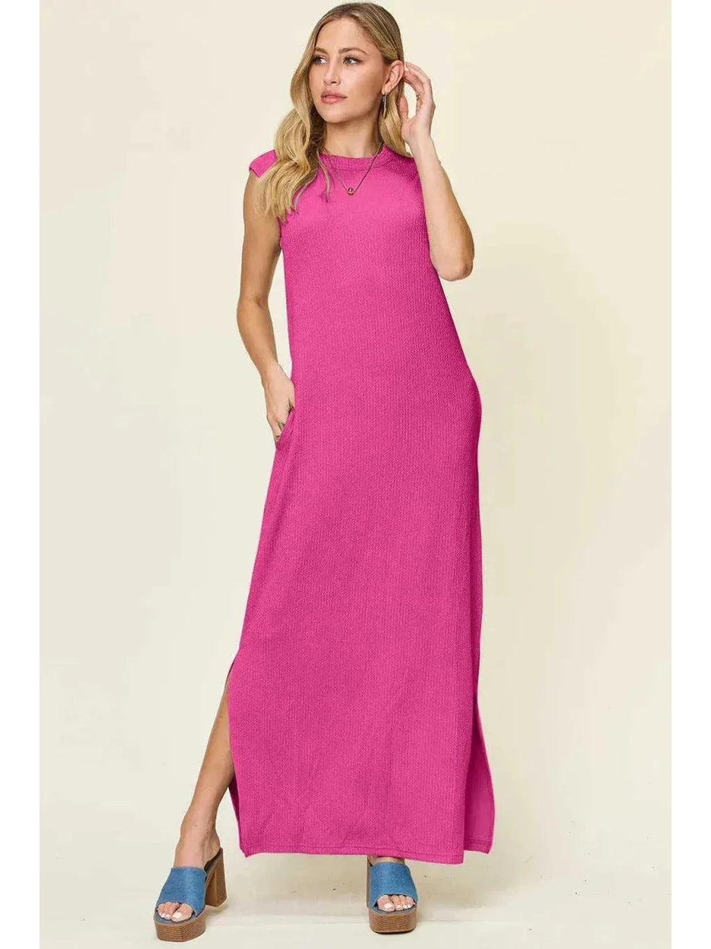 Double Take Full Size Texture Mock Neck Sleeveless Maxi Dress -- 