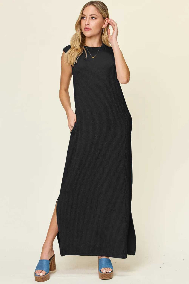 Double Take Full Size Texture Mock Neck Sleeveless Maxi Dress - Hopeford Streams