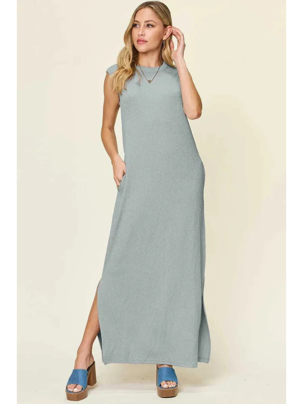 Double Take Full Size Texture Mock Neck Sleeveless Maxi Dress -- 