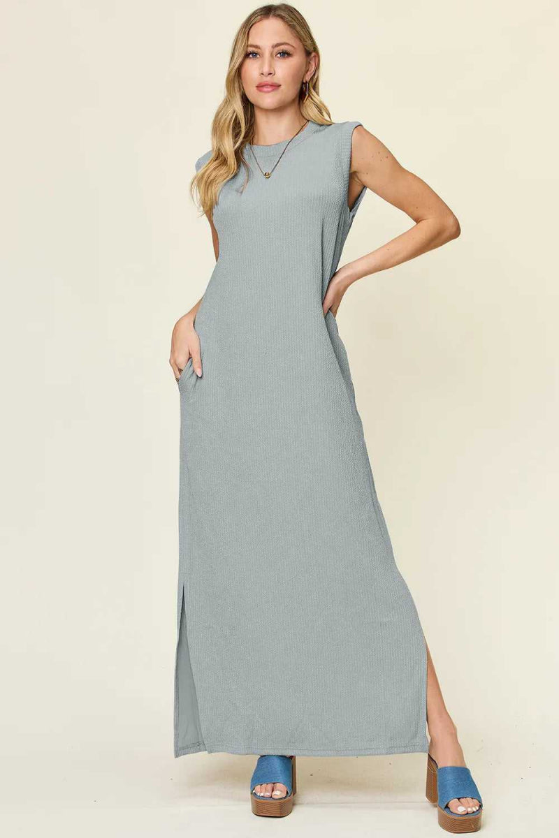 Double Take Full Size Texture Mock Neck Sleeveless Maxi Dress - Hopeford Streams