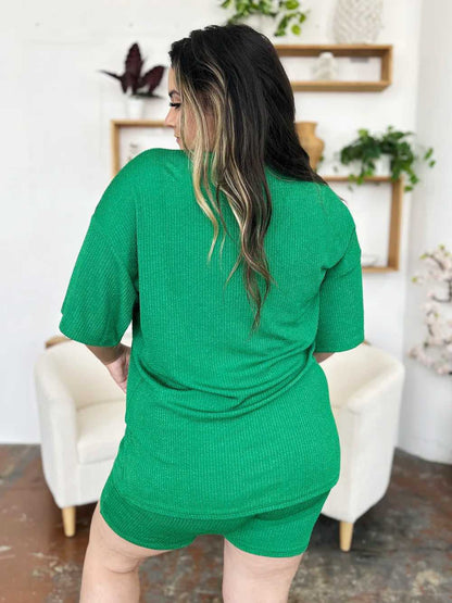 Double Take Full Size Texture Round Neck Drop Shoulder T-Shirt and Shorts Set - Hopeford Streams