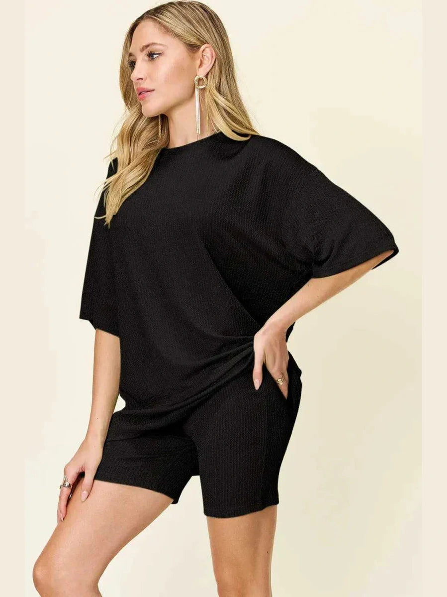 Double Take Full Size Texture Round Neck Drop Shoulder T-Shirt and Shorts Set -- 