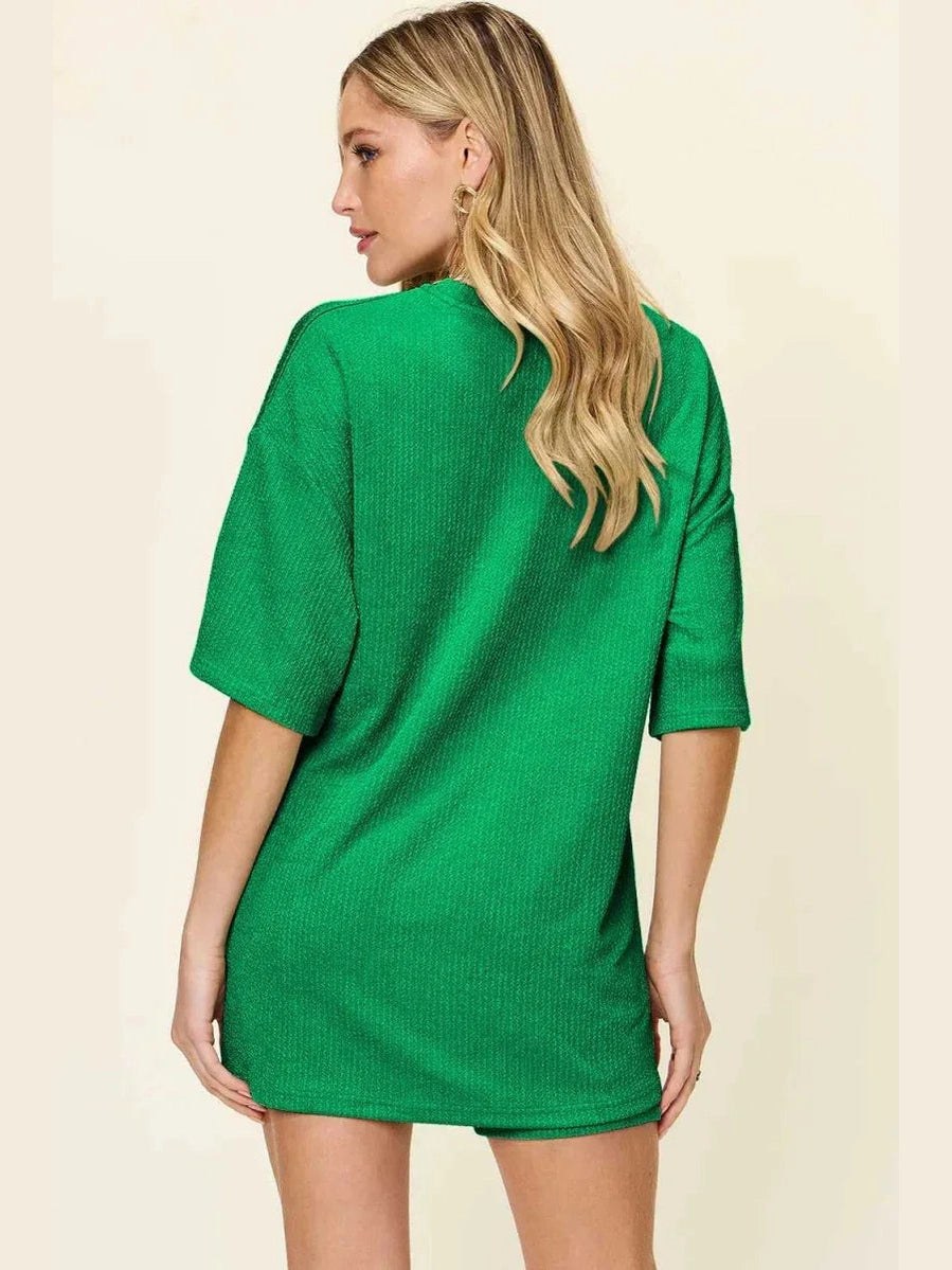 Double Take Full Size Texture Round Neck Drop Shoulder T-Shirt and Shorts Set -- 
