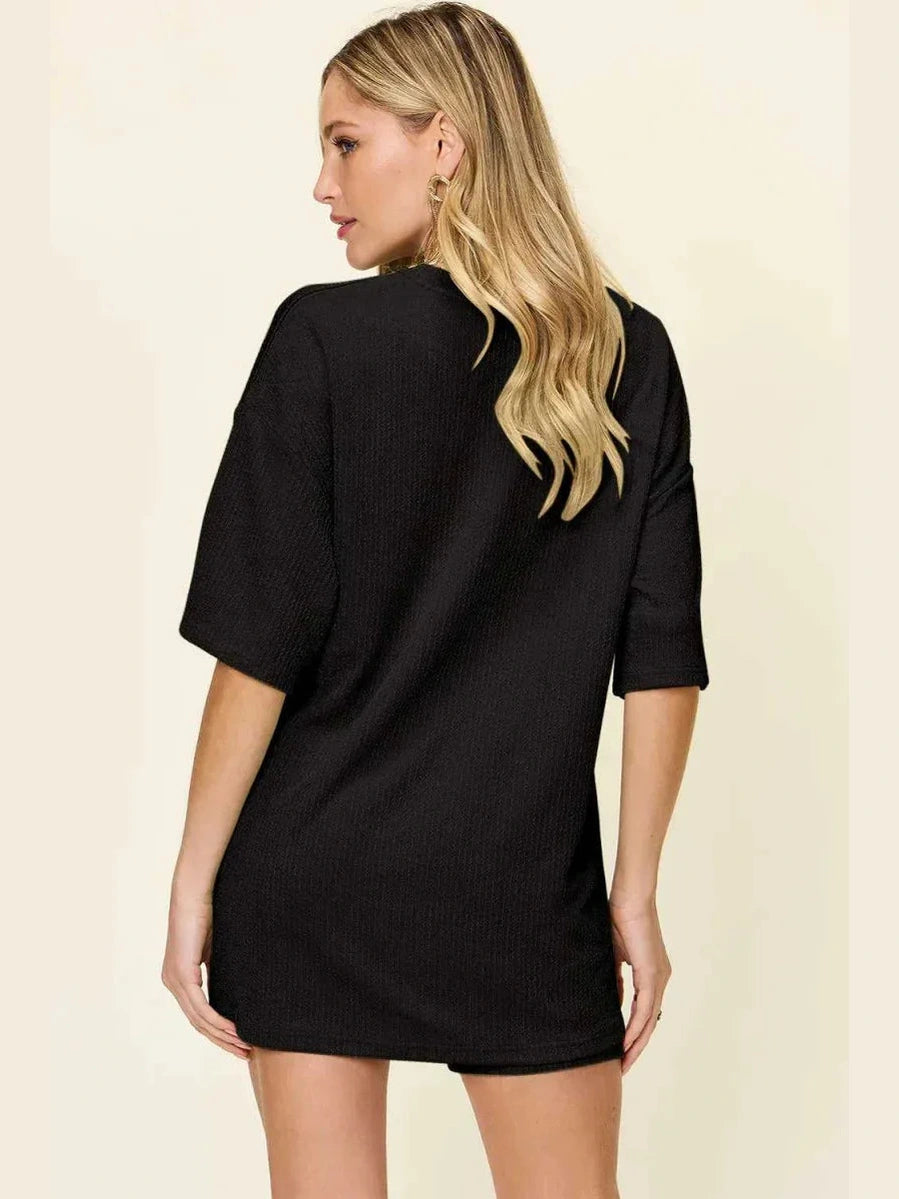 Double Take Full Size Texture Round Neck Drop Shoulder T-Shirt and Shorts Set -- 