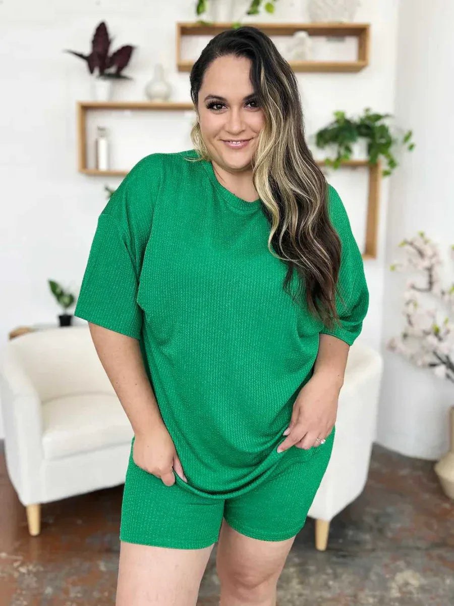 Double Take Full Size Texture Round Neck Drop Shoulder T-Shirt and Shorts Set -- 