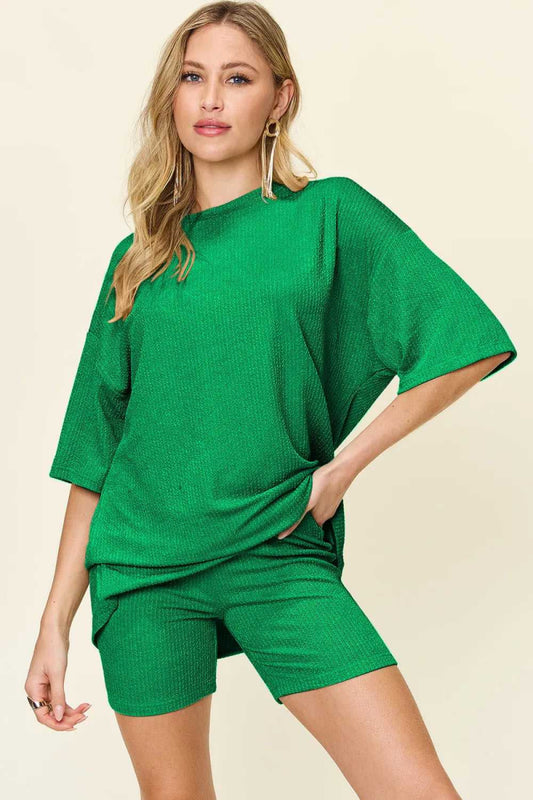 Double Take Full Size Texture Round Neck Drop Shoulder T-Shirt and Shorts Set - Hopeford Streams