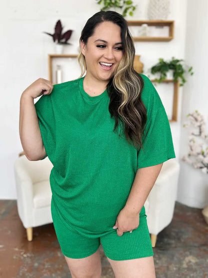 Double Take Full Size Texture Round Neck Drop Shoulder T-Shirt and Shorts Set - Hopeford Streams