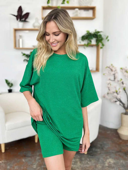 Double Take Full Size Texture Round Neck Drop Shoulder T-Shirt and Shorts Set - Hopeford Streams